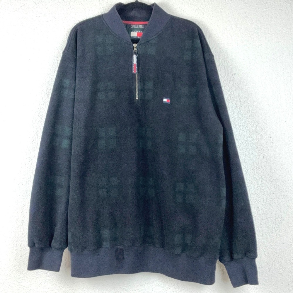 Tommy Hilfiger Navy Fleece Pullover - XL - Quarter Zip Checkered Vintage 90s